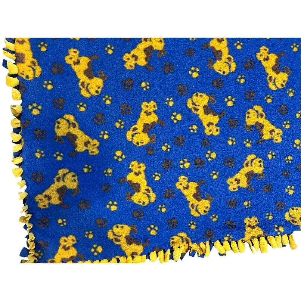 Handmade‎  Fleece Tie Blanket Puppy Dogs& Paw Prints, Blue & Yellow Soft. 57x 53